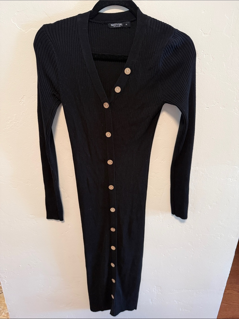 Nasty Gal Black Ribbed Long-Sleeve Button Midi Dress